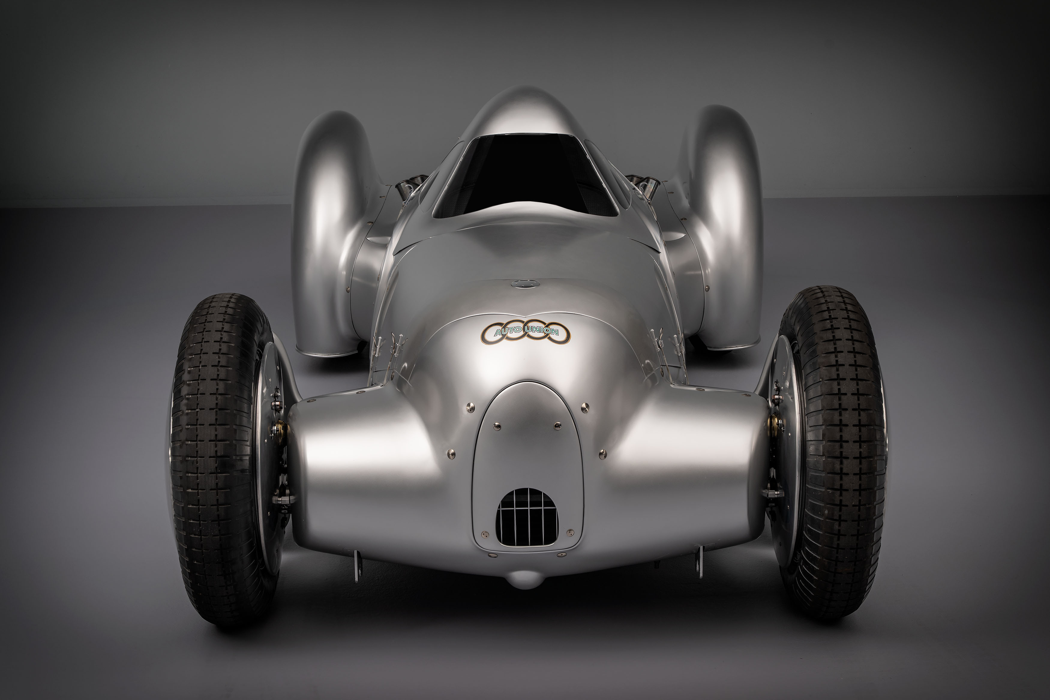 Audi recreated the Auto Union Lucca. After just over three years of construction, the record-breaking car was completed in early 2026. Studio shot. Front view.