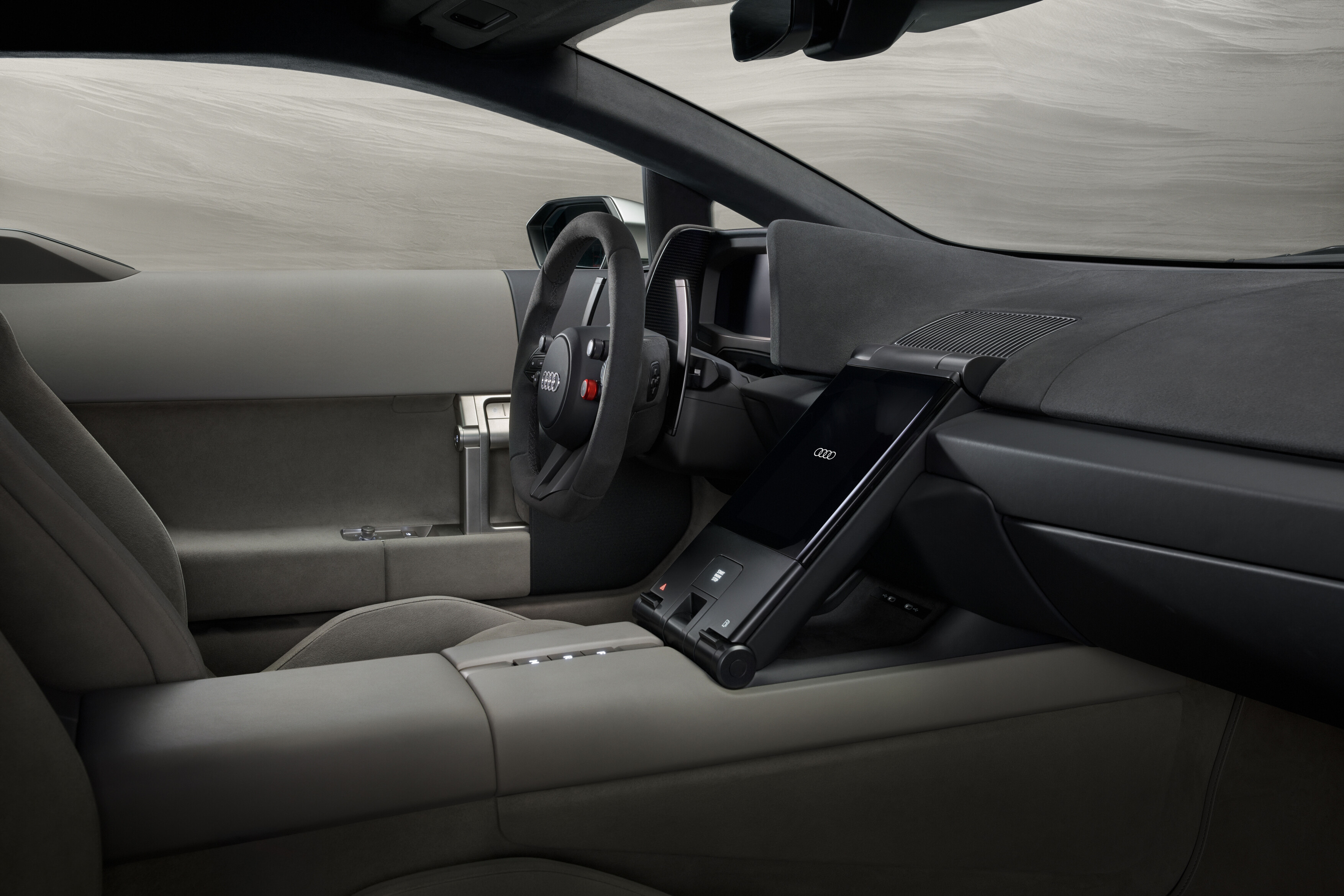 In-studio interior view, interior door, steering wheel, dashboard